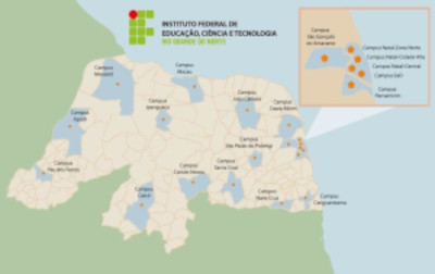Mapa do Rio Grande do Norte identificando os campi presentes no estado